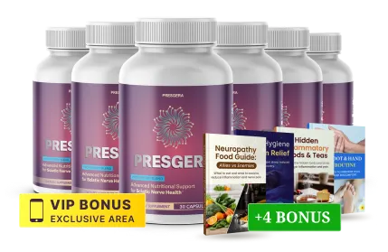 Pack of 6 bottles of Presgera supplement with Free Shipping and Bonus offer for maximum savings.